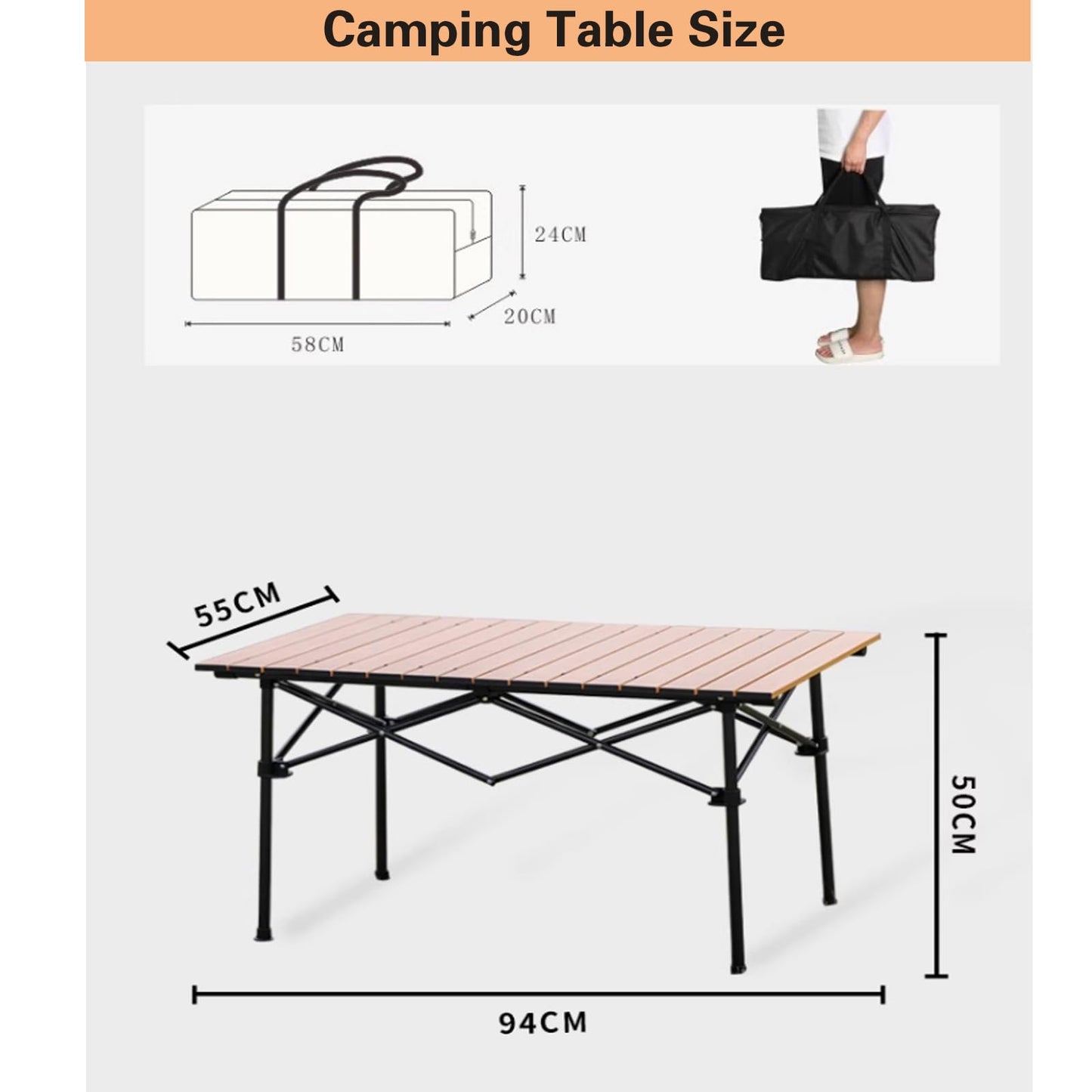 MOQI Camping Table, Lightweight Aluminum Roll Up Table Folding Rectangular Table 4 People Portable Picnic Beach Table with Carry Bag for Outdoor, Backyards, BBQ Party, Garden, Wooden Color
