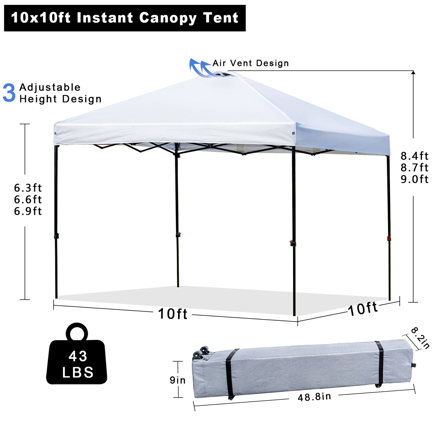 10x10 Straight Leg Pop up Canopy Tent with One Hand Set up Lock